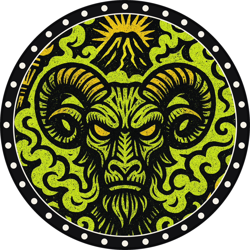 POG #100, Ritual Ram, a Matte pog from the Tiki series