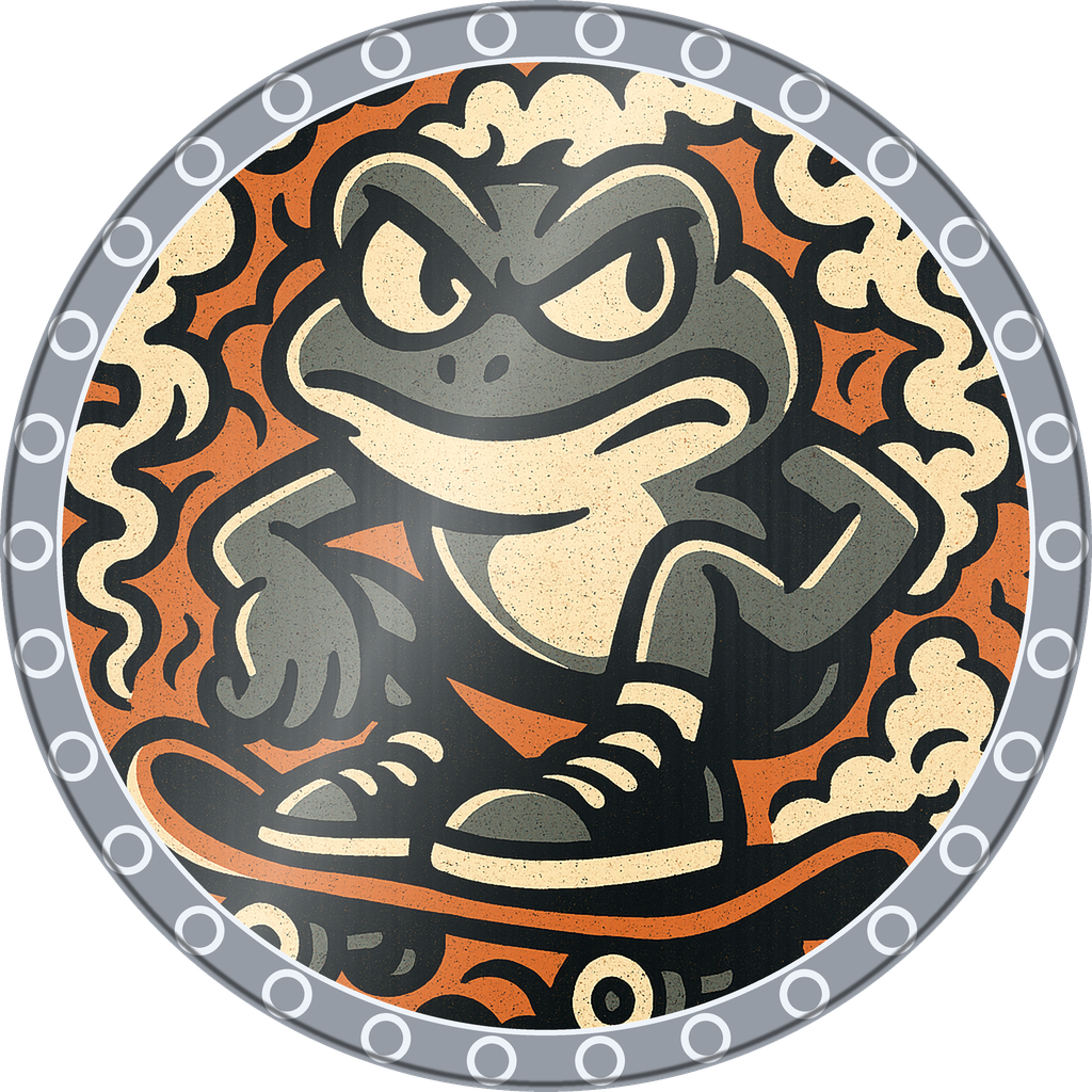 POG #344, Sk8r Frog, a Foil pog from the Critter series