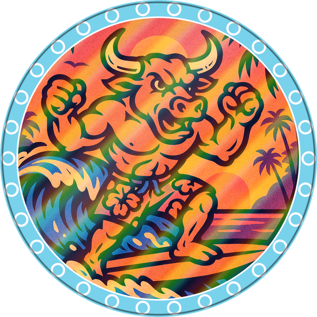 POG #590, Board Shorts Bull, a Holographic pog from the Surf series