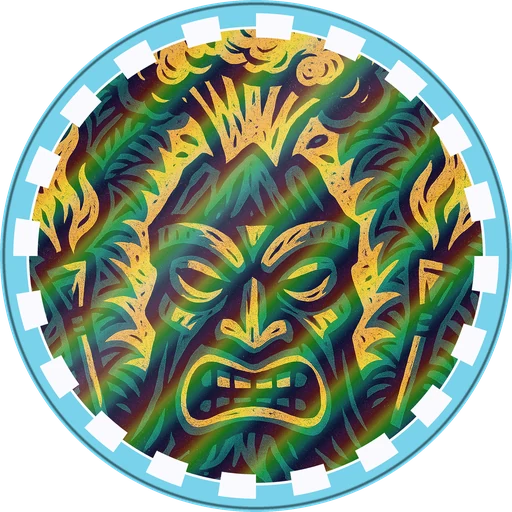 POG #603, Volcano Mask, a Holographic pog from the Tiki series