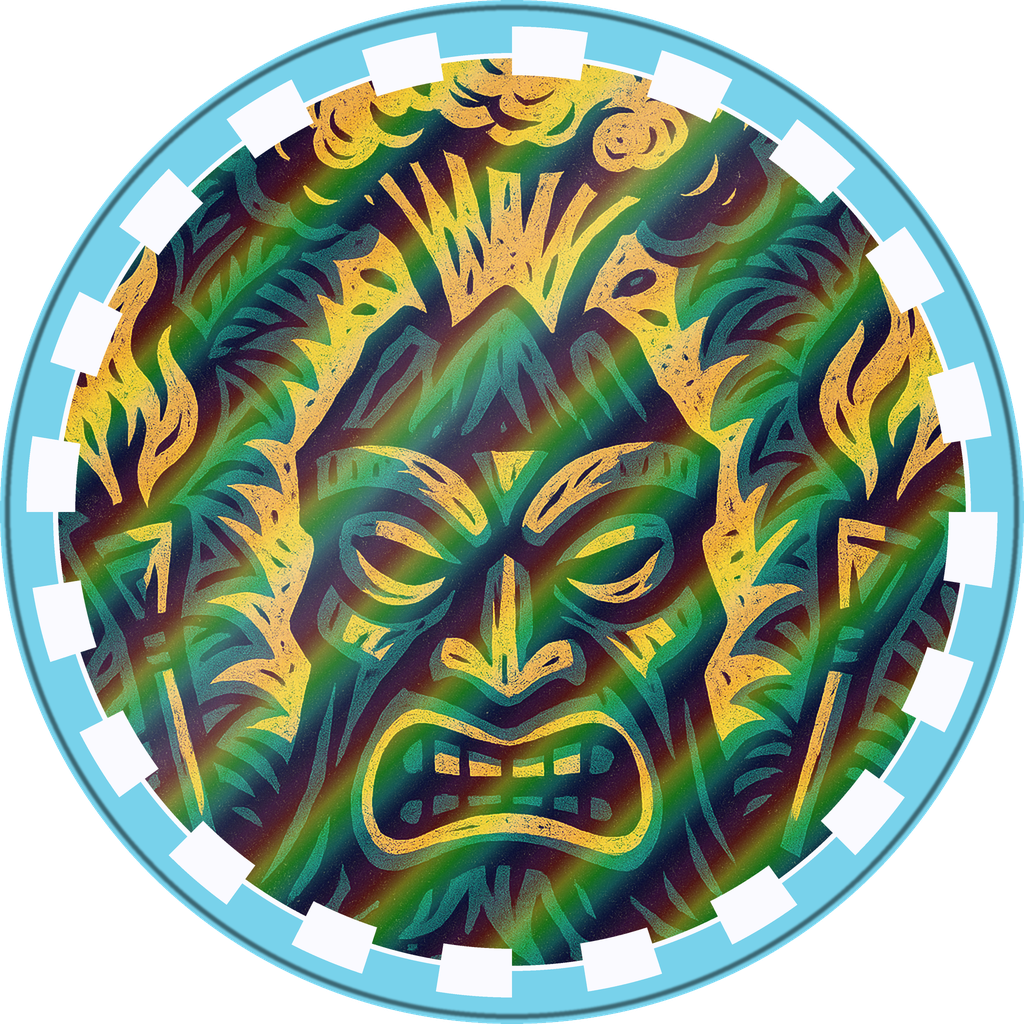 POG #603, Volcano Mask, a Holographic pog from the Tiki series